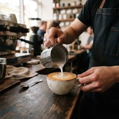 Un barista sirviendo latte art en una taza