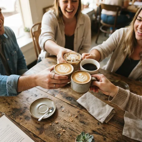 Un grupo de amigas riendo con café en una mesa