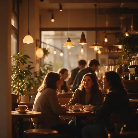 El interior cálido de una cafetería con gente conversando