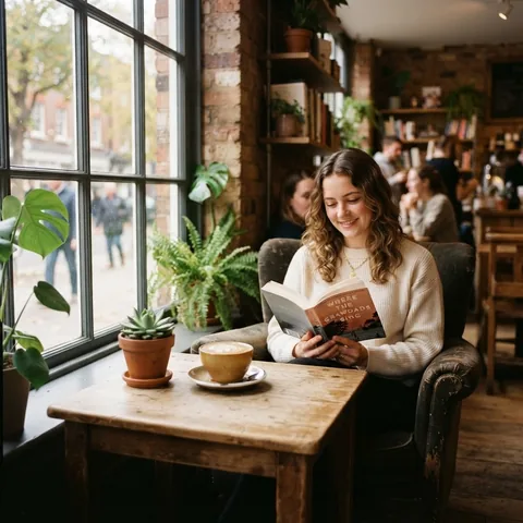 Un libro y una taza de café en un rincón de lectura