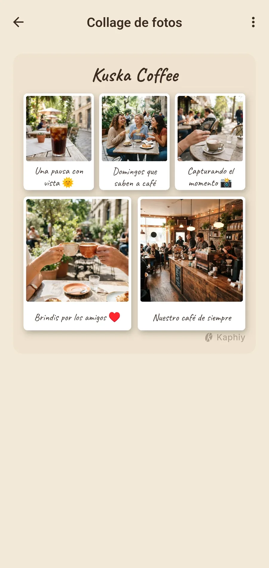 Captura de un collage de fotos de un café con un comentario escrito a mano