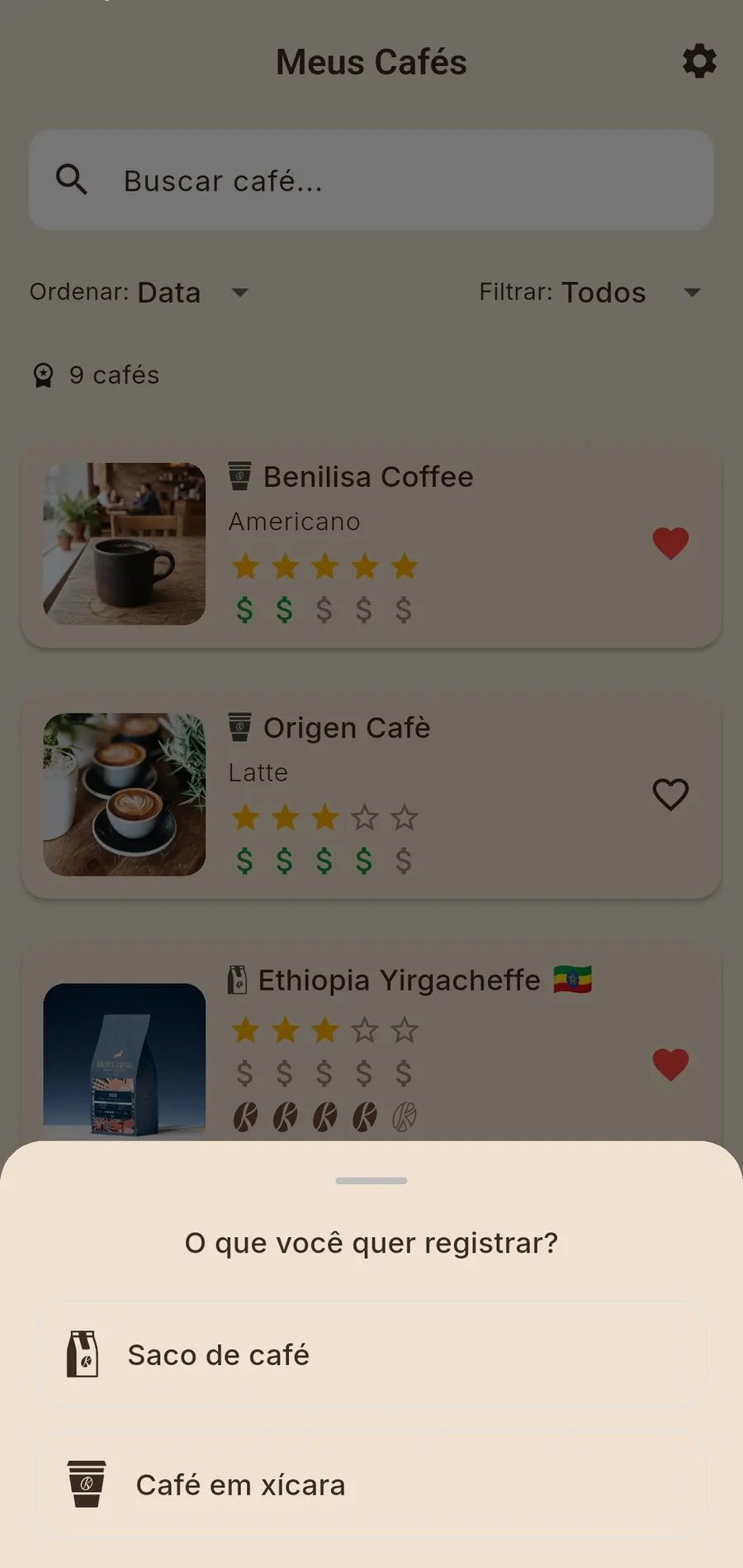 Captura de tela para registrar um saco ou uma xícara de café no app Kaphiy