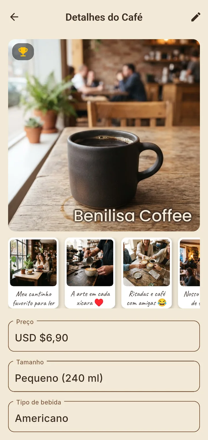 Captura de tela dos detalhes de um café no app Kaphiy